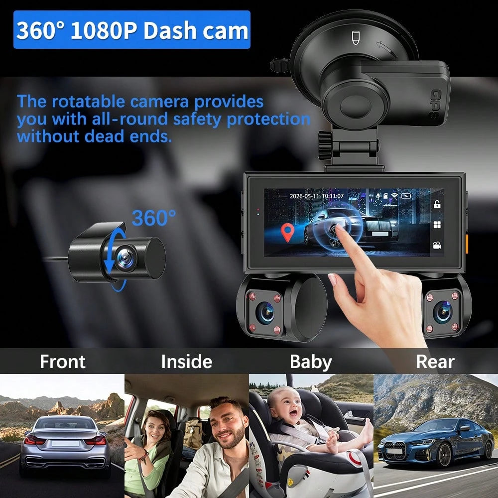 FOXGOD 4 Channels Dash Camera With 5G Wifi, 3.6 Inch Touch IPS Screen,, 4*1080P Wide Angle Lens, Loop Recording And G-Sensor, Support GPS, Voice Recording, Free 64G Memory Card, APP Download