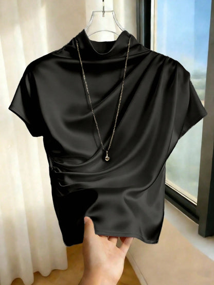Franclia Casual Versatile Solid Color Pleated Fitted Short Sleeve White T-Shirt For Women