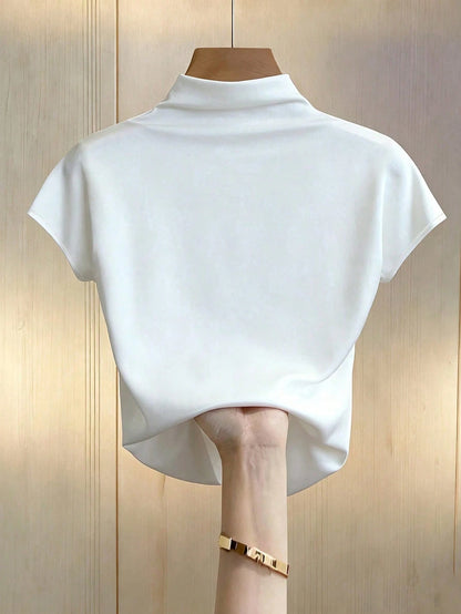 Franclia Casual Versatile Solid Color Pleated Fitted Short Sleeve White T-Shirt For Women