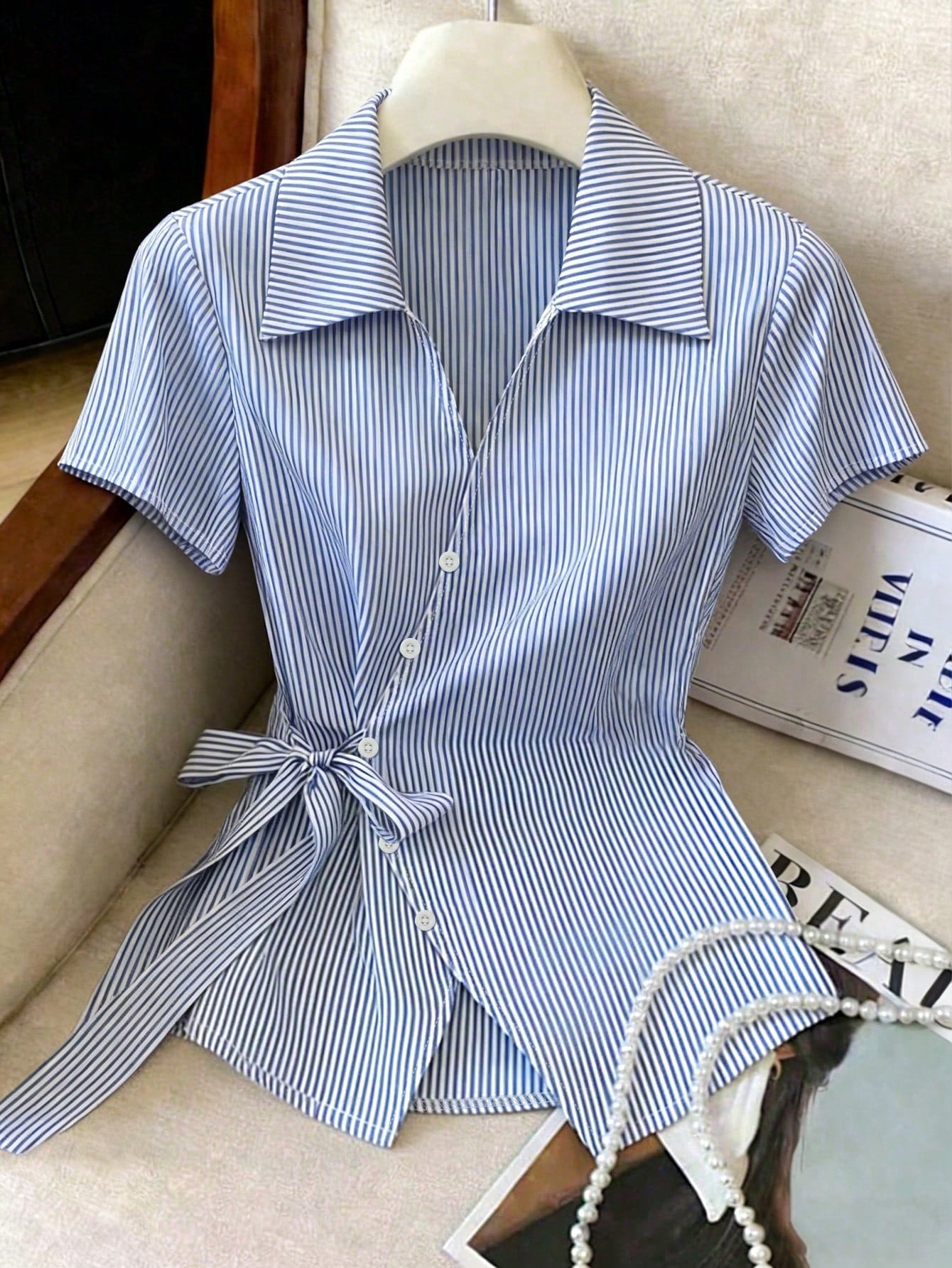 Franclia Elegant French Blue And White Stripe Women Shirt,Summer Asymmetrical Tie-Waist Turndown Collar Blouse,Business Office Professional Work Tops Brunch