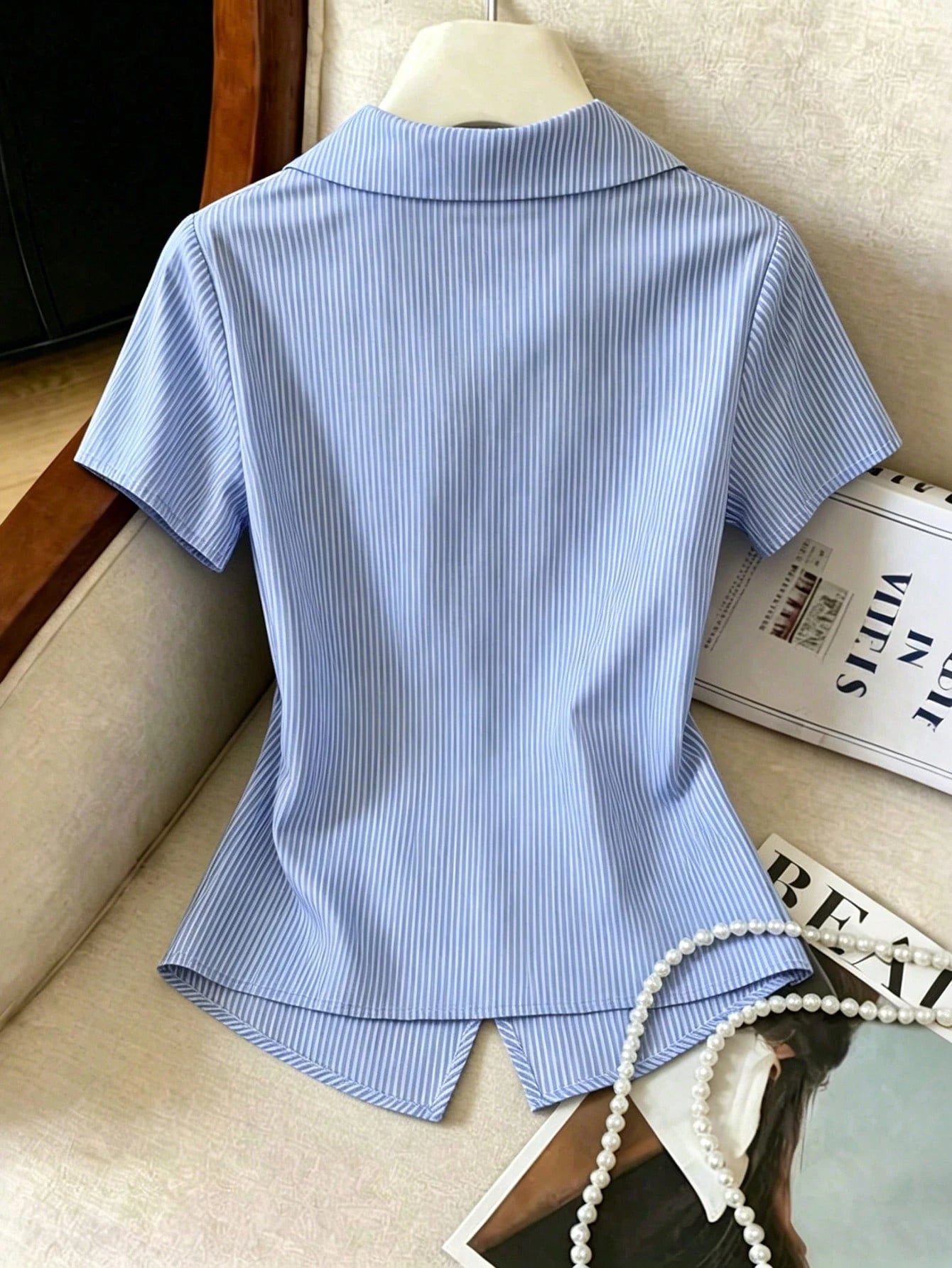 Franclia Elegant French Blue And White Stripe Women Shirt,Summer Asymmetrical Tie-Waist Turndown Collar Blouse,Business Office Professional Work Tops Brunch