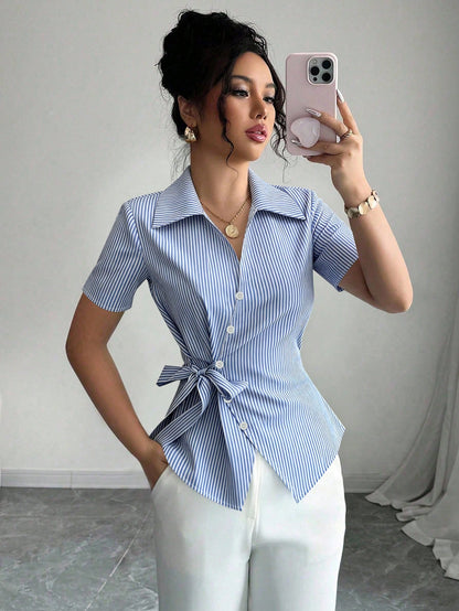 Franclia Elegant French Blue And White Stripe Women Shirt,Summer Asymmetrical Tie-Waist Turndown Collar Blouse,Business Office Professional Work Tops Brunch