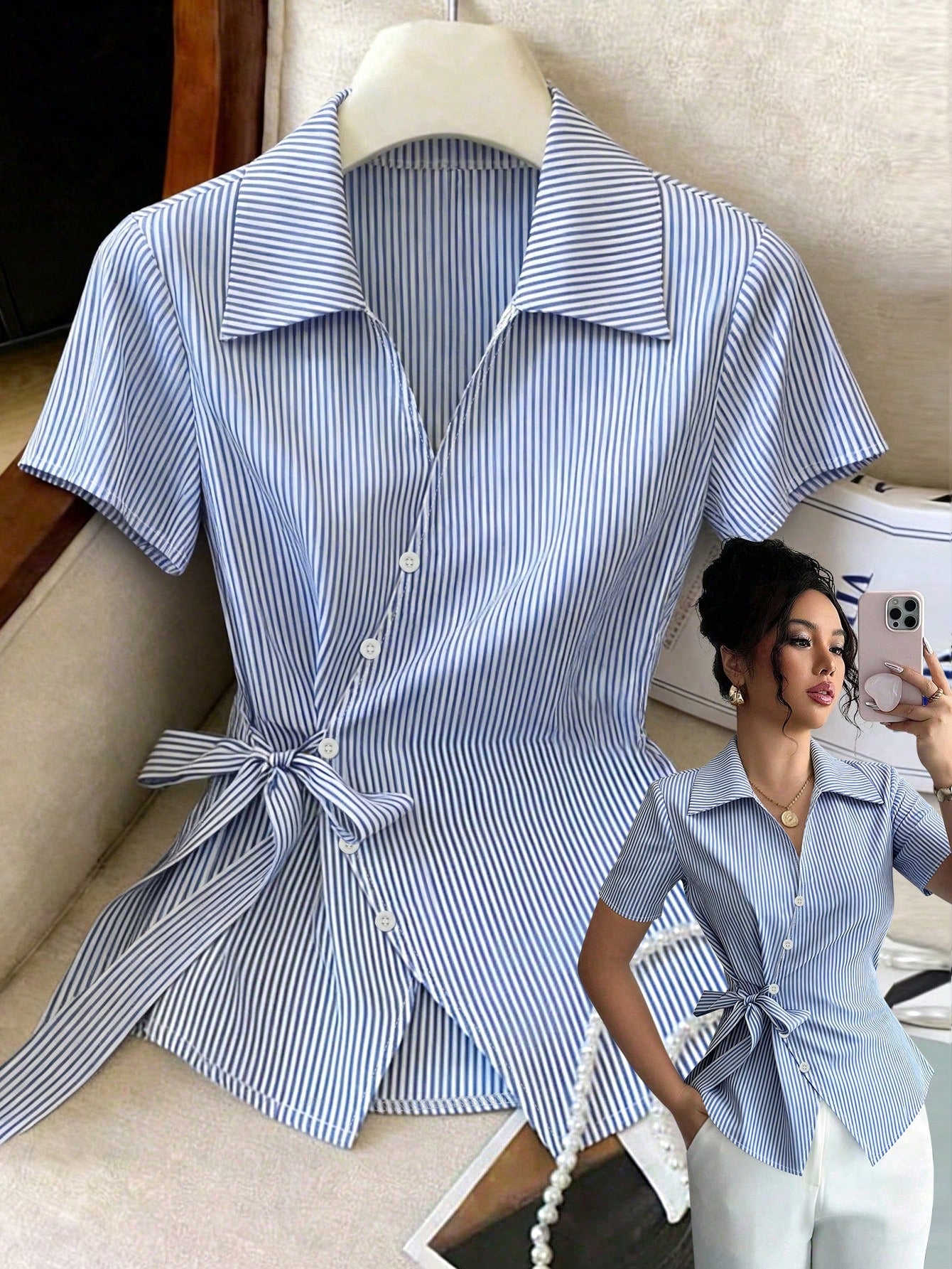 Franclia Elegant French Blue And White Stripe Women Shirt,Summer Asymmetrical Tie-Waist Turndown Collar Blouse,Business Office Professional Work Tops Brunch