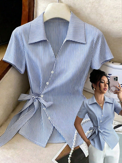 Franclia Elegant French Blue And White Stripe Women Shirt,Summer Asymmetrical Tie-Waist Turndown Collar Blouse,Business Office Professional Work Tops Brunch