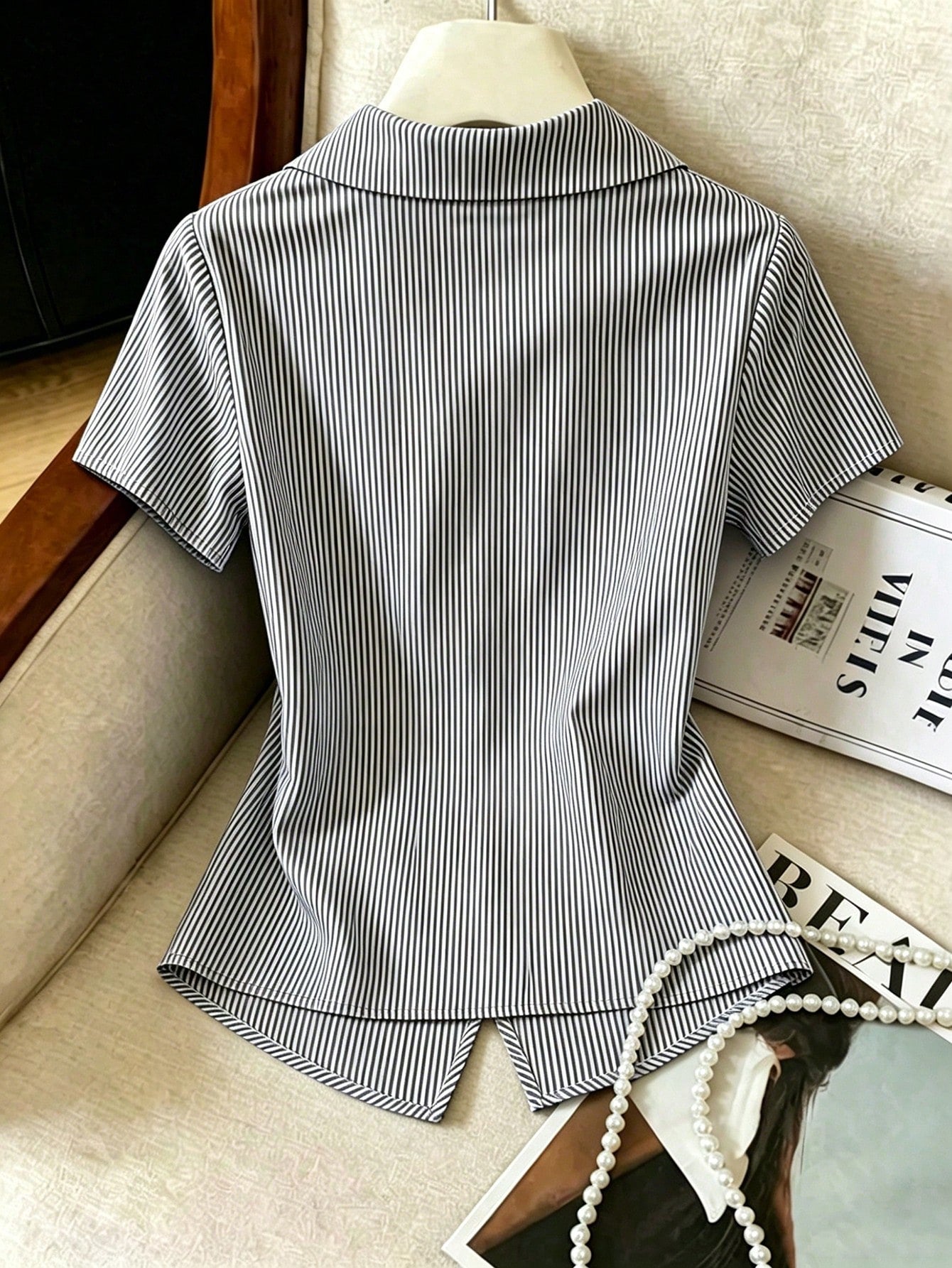 Franclia Elegant French Blue And White Stripe Women Shirt,Summer Asymmetrical Tie-Waist Turndown Collar Blouse,Business Office Professional Work Tops Brunch