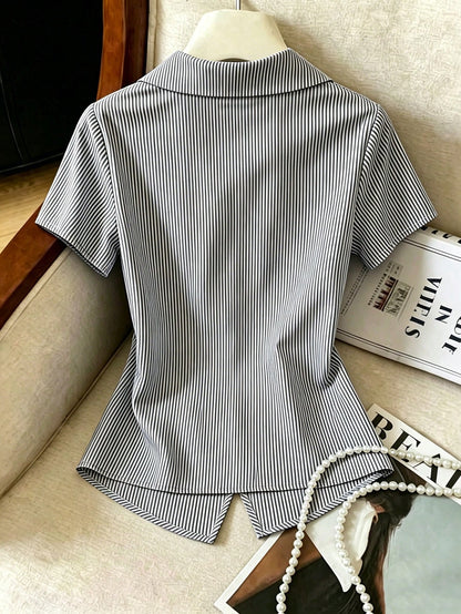 Franclia Elegant French Blue And White Stripe Women Shirt,Summer Asymmetrical Tie-Waist Turndown Collar Blouse,Business Office Professional Work Tops Brunch