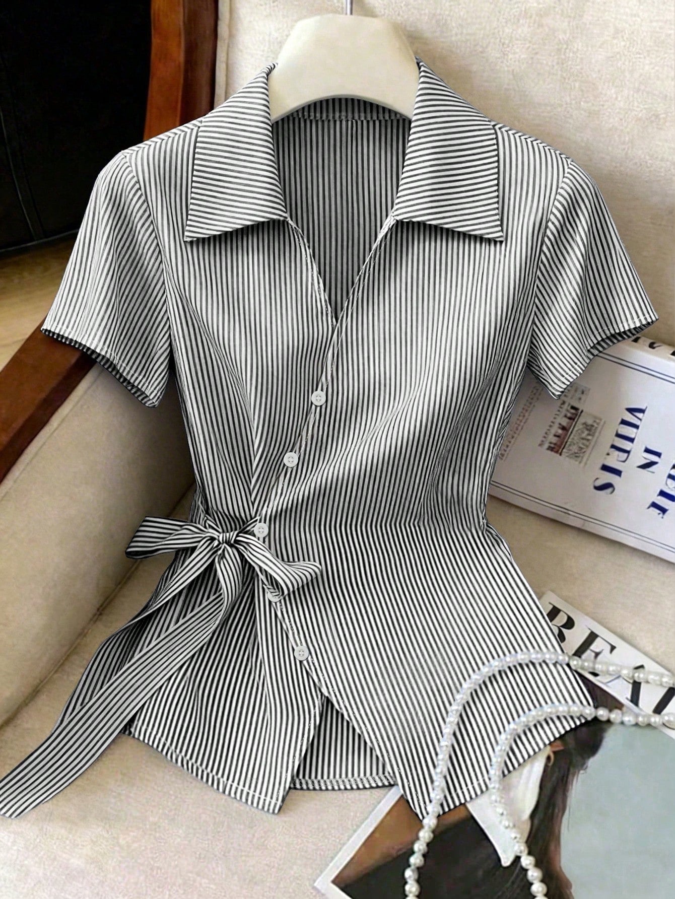 Franclia Elegant French Blue And White Stripe Women Shirt,Summer Asymmetrical Tie-Waist Turndown Collar Blouse,Business Office Professional Work Tops Brunch