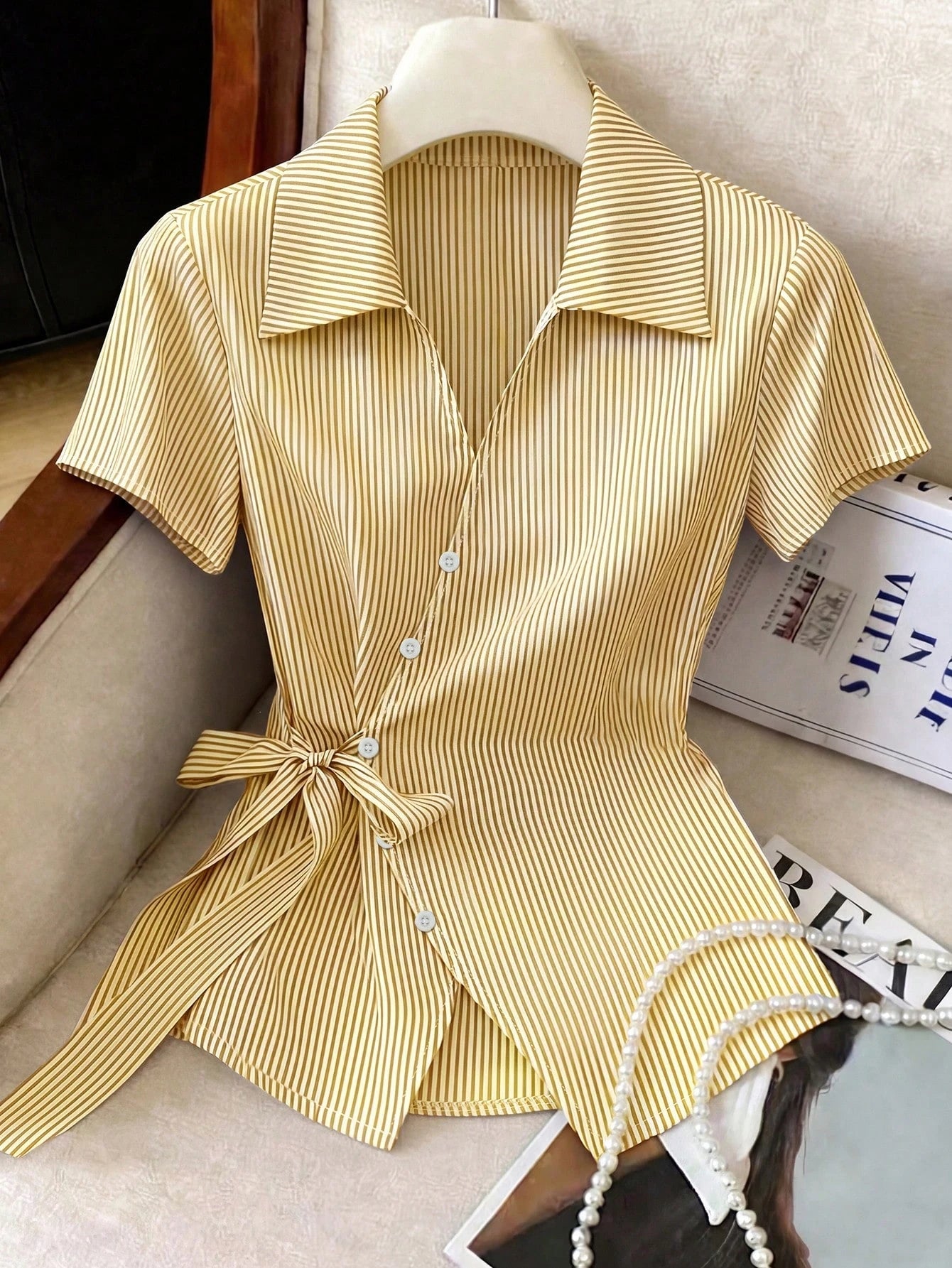 Franclia Elegant French Blue And White Stripe Women Shirt,Summer Asymmetrical Tie-Waist Turndown Collar Blouse,Business Office Professional Work Tops Brunch