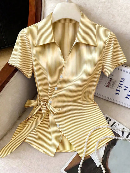 Franclia Elegant French Blue And White Stripe Women Shirt,Summer Asymmetrical Tie-Waist Turndown Collar Blouse,Business Office Professional Work Tops Brunch