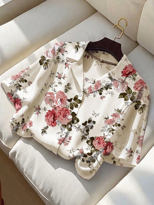 Franclia Elegant Women's Summer Rose Print Shirt,White And Pink Floral Short Sleeve Blouse,Collared Vacation Beach Wear & Tea Party Casual Versatile Tops