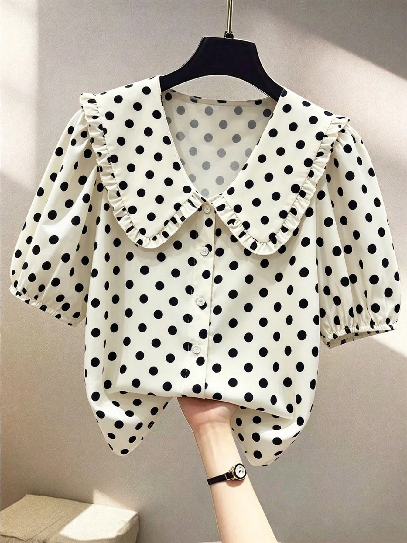 Franclia Fashionable Casual Versatile Peter Pan Collar Puff Sleeve Single-Breasted Loose Women Shirt