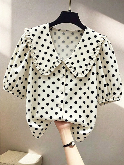 Franclia Fashionable Casual Versatile Peter Pan Collar Puff Sleeve Single-Breasted Loose Women Shirt