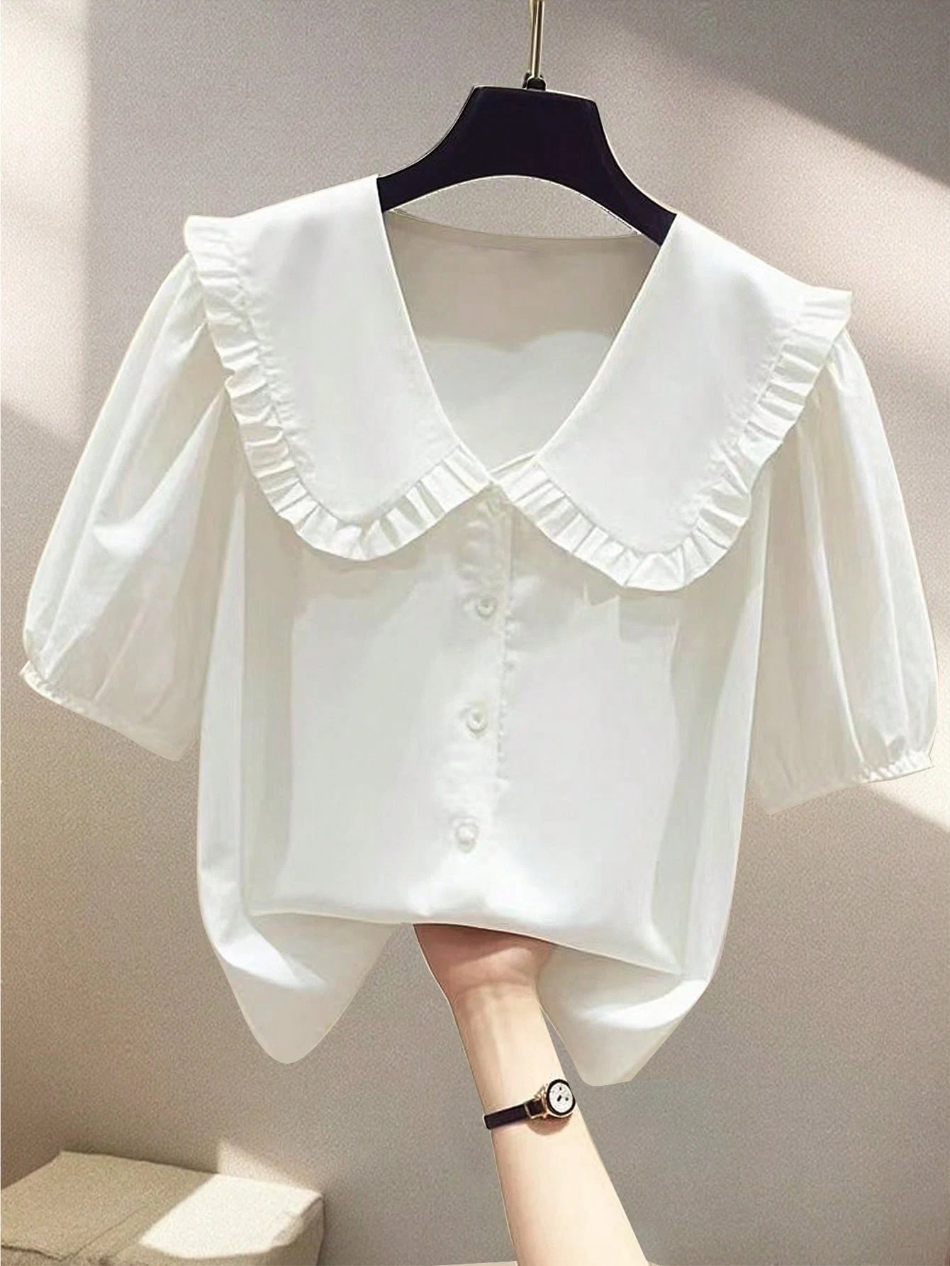 Franclia Fashionable Casual Versatile Peter Pan Collar Puff Sleeve Single-Breasted Loose Women Shirt