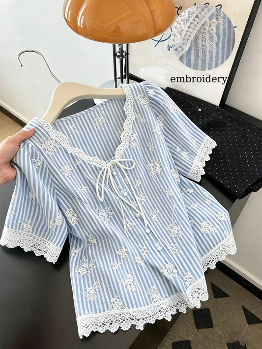 Franclia French Casual Blue White Stripe,Summer,Elegant,Date Shirt,Floral Lace Patchwork Lantern Sleeve V-Neck Tie Front Top For Spring,Fall Winter
