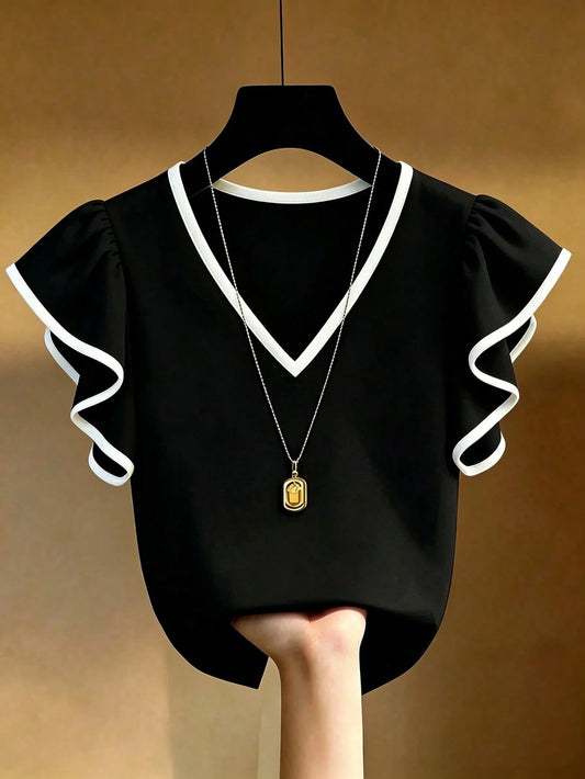 Franclia French Style V-Neck Black And White Contrast Ruffle Short Sleeve Chiffon Top Women's Summer New Commute Slimming High-End Top