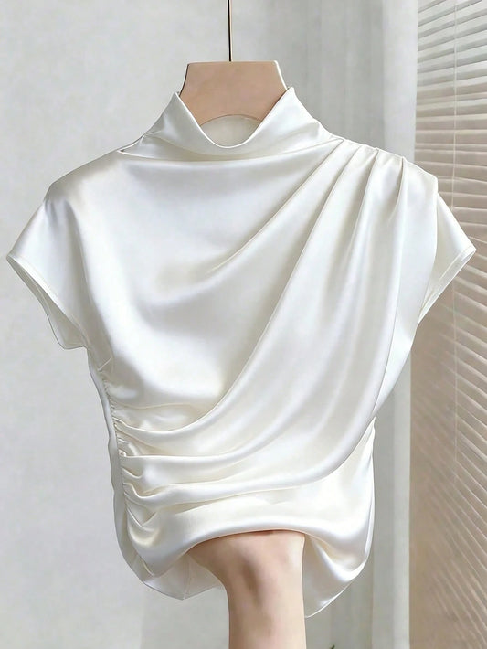 Franclia Off-White Summer Elegant Work Women's Top,Casual Solid Color Pleated Slim Fit Short-Sleeved White Top,Business Office Professional Commuter Wear
