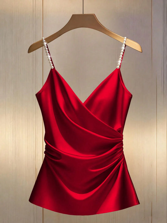 Franclia Sexy Minimalist Spaghetti Strap Beaded Criss-Cross Ruched Decor Camisole