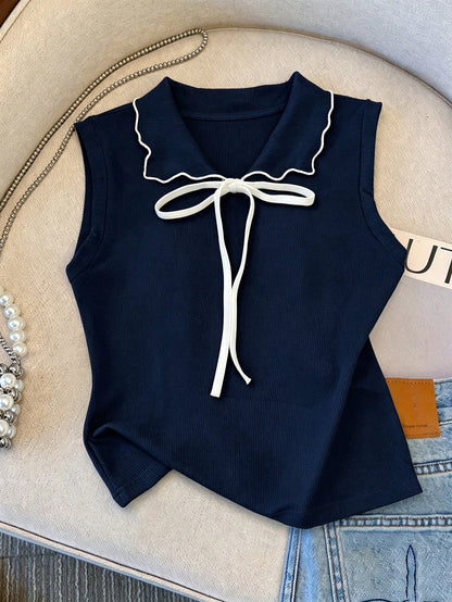 Franclia Spring/Summer Minimalist Cute Navy Blue And White Sleeveless Collared Top, Contrast Color Tie Bow Decor, Loose Short Length Women's Vest