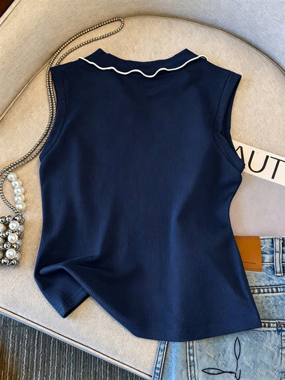 Franclia Spring/Summer Minimalist Cute Navy Blue And White Sleeveless Collared Top, Contrast Color Tie Bow Decor, Loose Short Length Women's Vest
