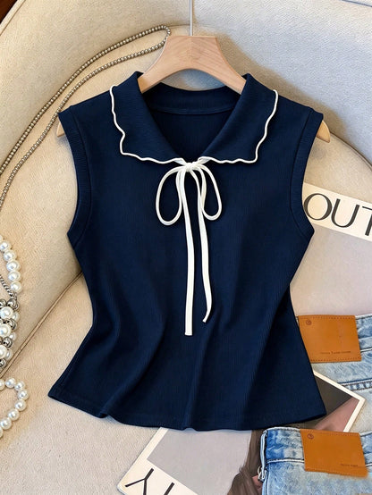 Franclia Spring/Summer Minimalist Cute Navy Blue And White Sleeveless Collared Top, Contrast Color Tie Bow Decor, Loose Short Length Women's Vest
