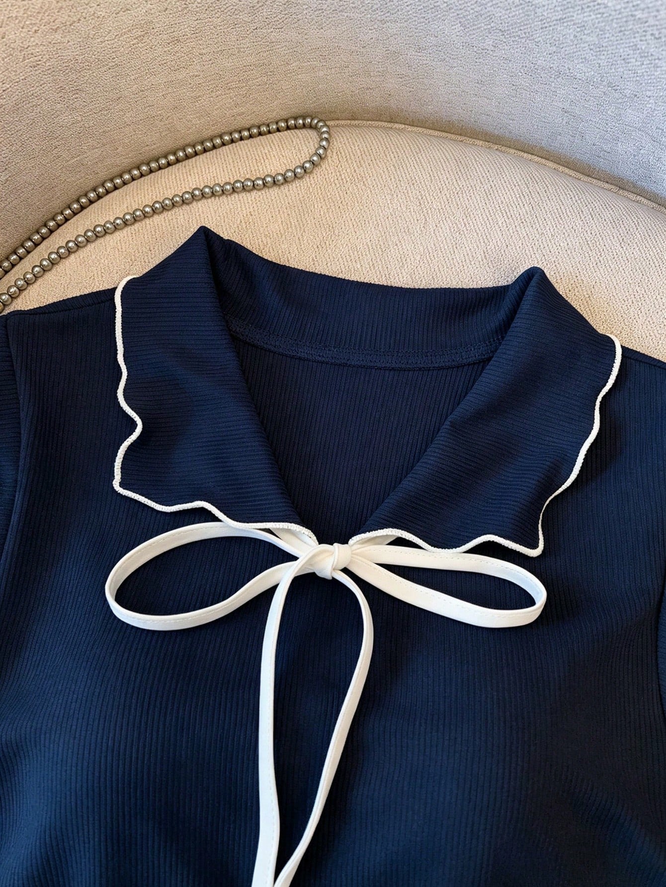 Franclia Spring/Summer Minimalist Cute Navy Blue And White Sleeveless Collared Top, Contrast Color Tie Bow Decor, Loose Short Length Women's Vest