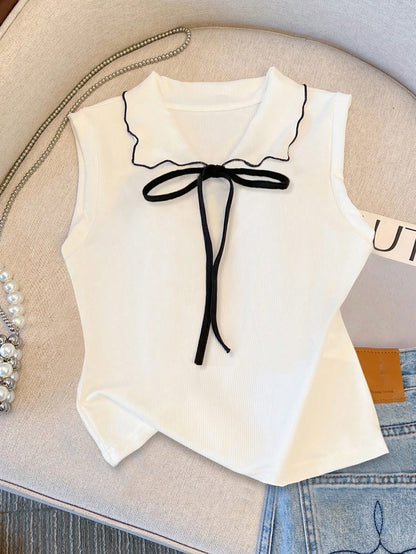 Franclia Spring/Summer Minimalist Cute Navy Blue And White Sleeveless Collared Top, Contrast Color Tie Bow Decor, Loose Short Length Women's Vest