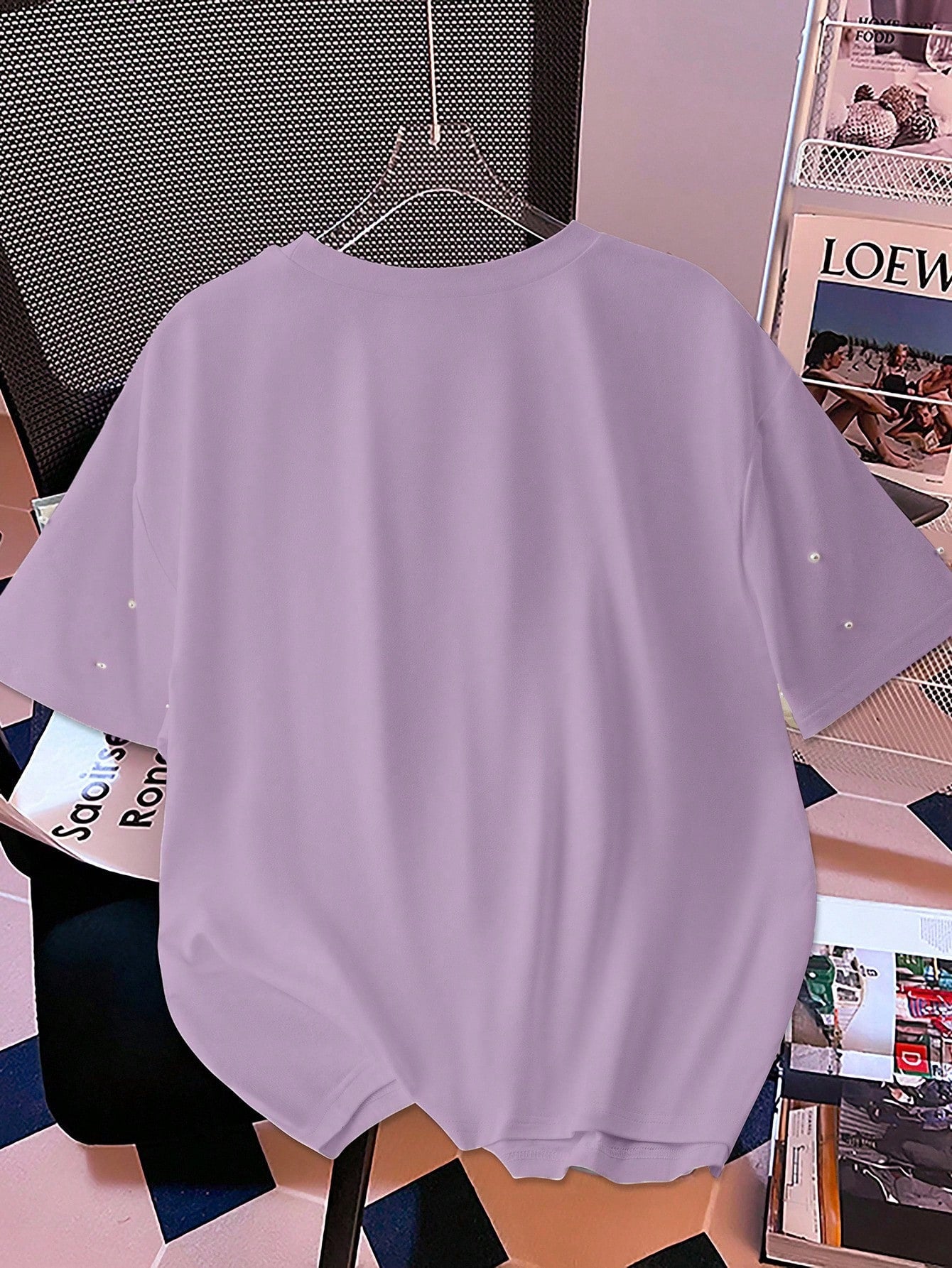 Franclia Summer Fashion Round Neck Bubble Pearl White T-Shirt Short Sleeve Elegant Top Tee