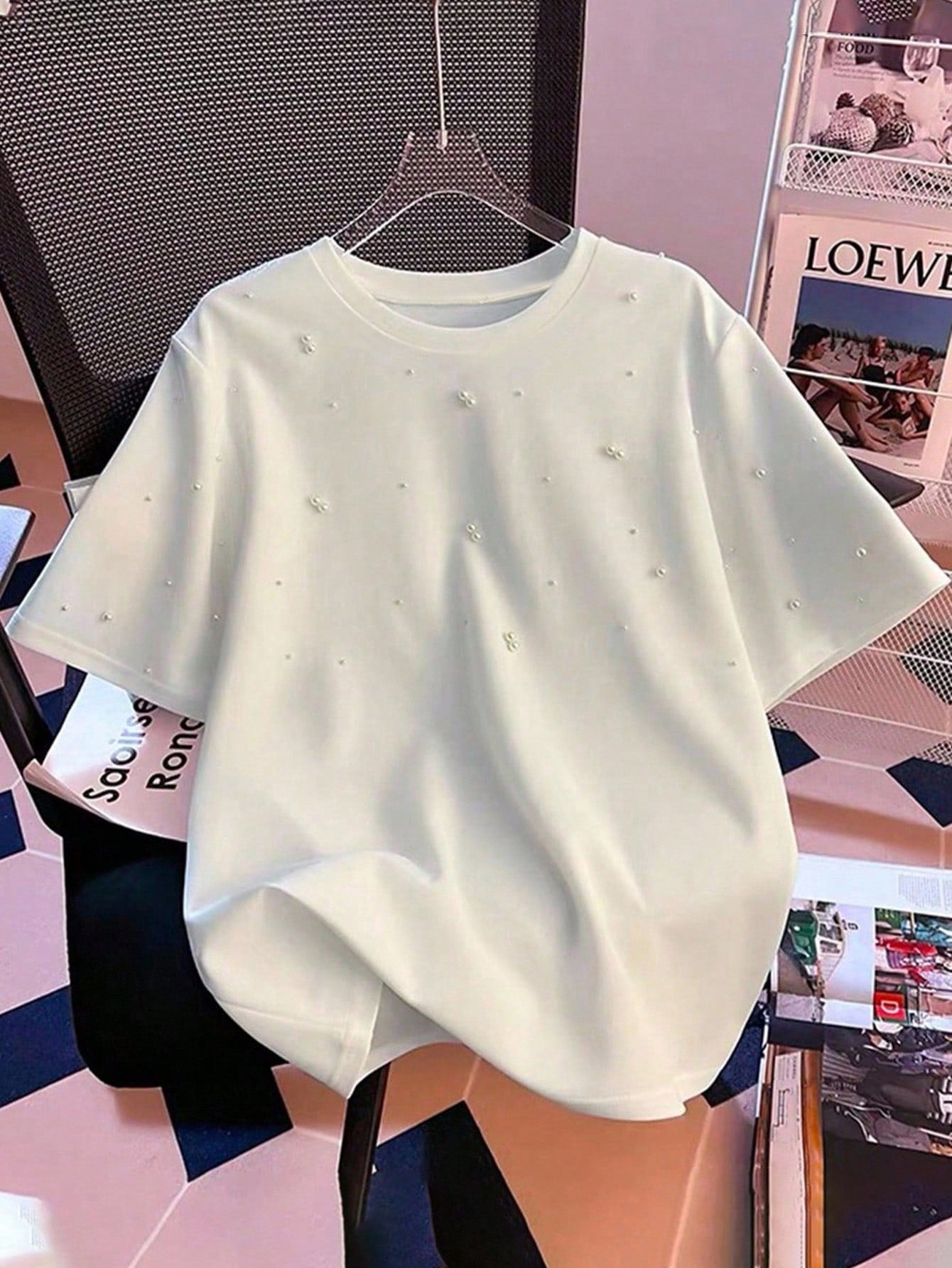 Franclia Summer Fashion Round Neck Bubble Pearl White T-Shirt Short Sleeve Elegant Top Tee
