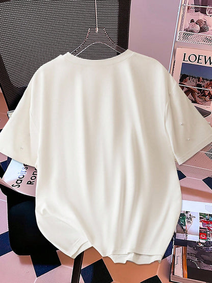 Franclia Summer Fashion Round Neck Bubble Pearl White T-Shirt Short Sleeve Elegant Top Tee