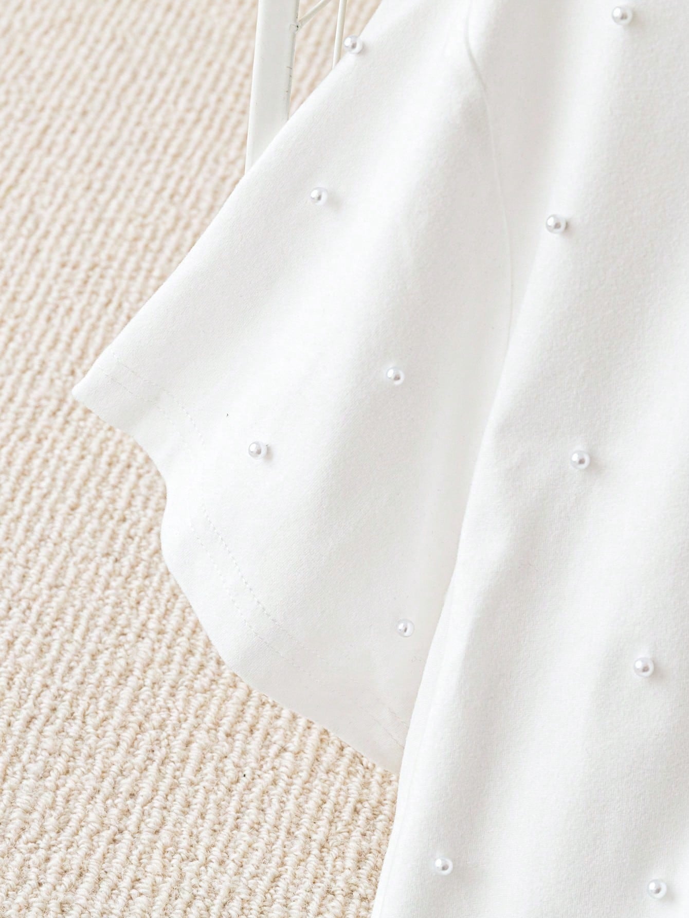 Franclia Summer Fashion Round Neck Bubble Pearl White T-Shirt Short Sleeve Elegant Top Tee