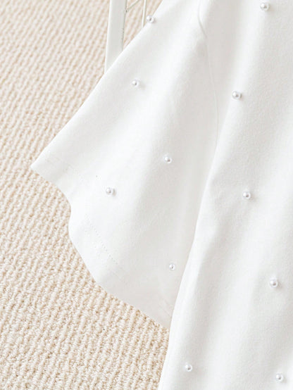 Franclia Summer Fashion Round Neck Bubble Pearl White T-Shirt Short Sleeve Elegant Top Tee