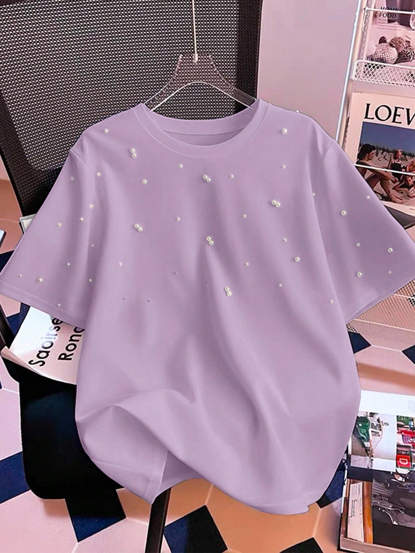 Franclia Summer Fashion Round Neck Bubble Pearl White T-Shirt Short Sleeve Elegant Top Tee