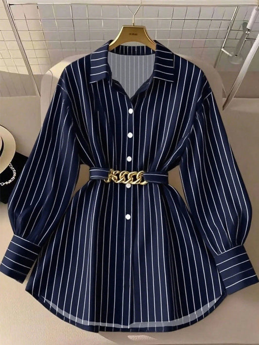 Franclia Vertical Striped Decor City Commute Style Casual Women Collared Shirt (With Belt) Navy Blue Spring Casual Shirt Elegant Going Out Top Beach