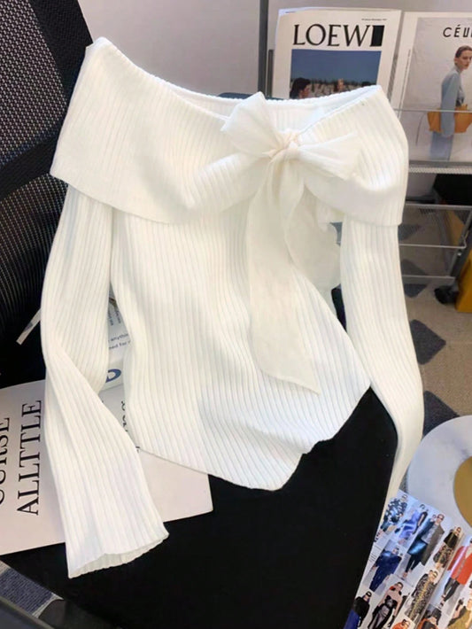 Franclia Women Elegant White Off Shoulder Knitted T-Shirt,Fashionable Large Bow Lapel Asymmetrical Hem Chic Top For Fall Winter,Tea Party,Wedding,Thanksgiving