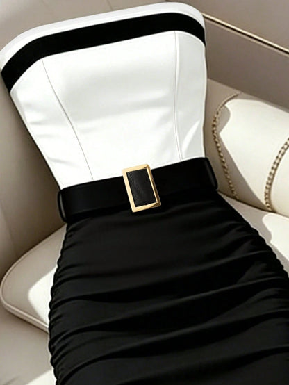 Franclia Women's Black And White Contrast Strapless Bodycon Dress,Elegant Summer Party Outfit,Formal Office Work Wear,Graduation Vacation Color Block Dress