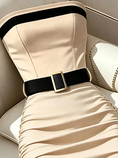 Franclia Women's Black And White Contrast Strapless Bodycon Dress,Elegant Summer Party Outfit,Formal Office Work Wear,Graduation Vacation Color Block Dress
