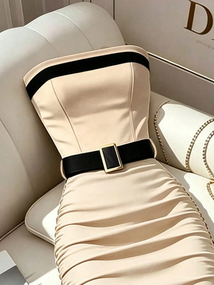 Franclia Women's Black And White Contrast Strapless Bodycon Dress,Elegant Summer Party Outfit,Formal Office Work Wear,Graduation Vacation Color Block Dress