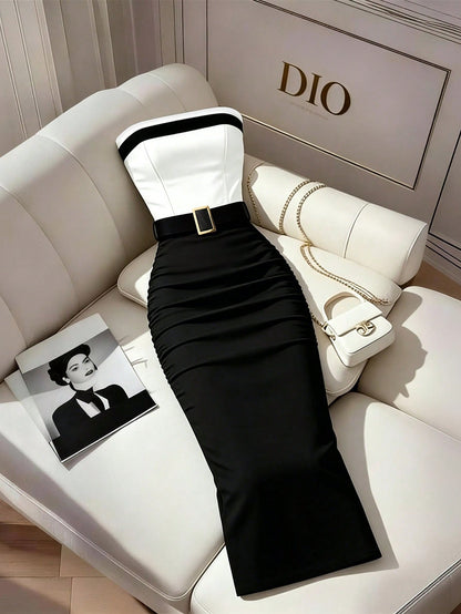 Franclia Women's Black And White Contrast Strapless Bodycon Dress,Elegant Summer Party Outfit,Formal Office Work Wear,Graduation Vacation Color Block Dress