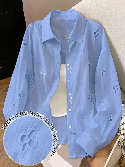 Franclia Women's Casual Mesh Embroidered Button-Down Long Sleeve Shirt
