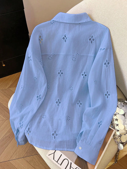 Franclia Women's Casual Mesh Embroidered Button-Down Long Sleeve Shirt
