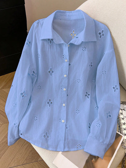 Franclia Women's Casual Mesh Embroidered Button-Down Long Sleeve Shirt