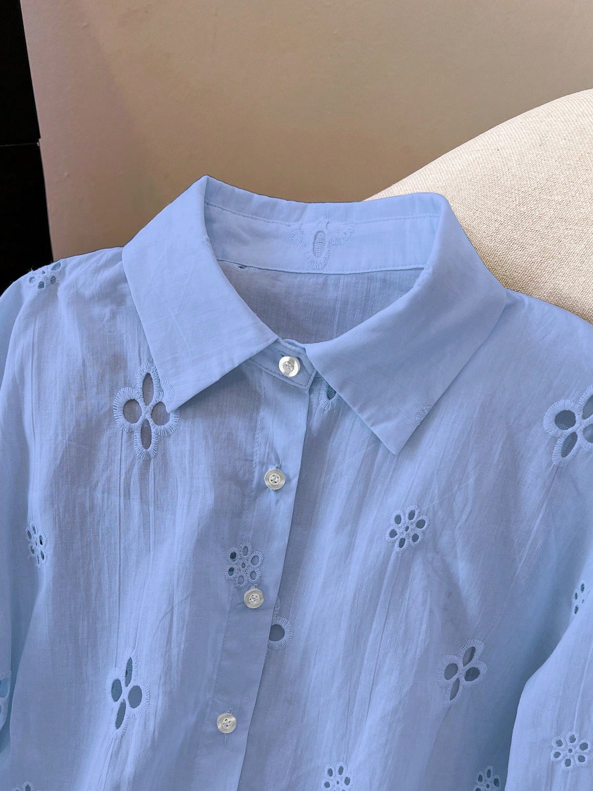 Franclia Women's Casual Mesh Embroidered Button-Down Long Sleeve Shirt