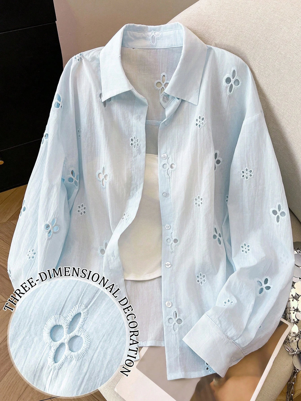 Franclia Women's Casual Mesh Embroidered Button-Down Long Sleeve Shirt