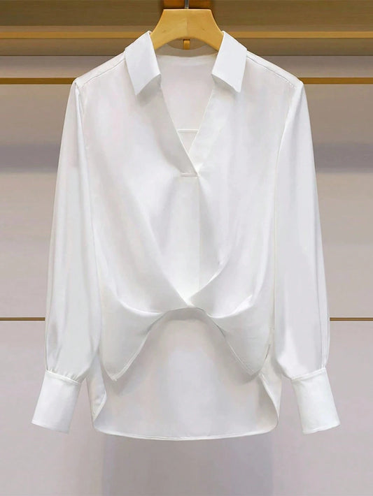 Franclia Women's Casual V-Neck Short Front Long Back White Shirt,Summer Elegant Office Professional Blouse,Lapel Pleated Loose Long Sleeve Commuting Workplace