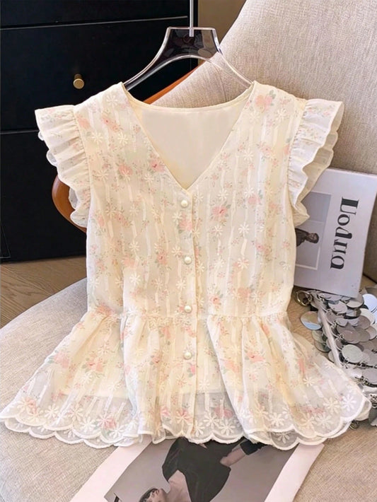 Franclia Women's Cute Versatile Floral Print Embroidered Faux Pearl Button Cap Sleeve Blouse