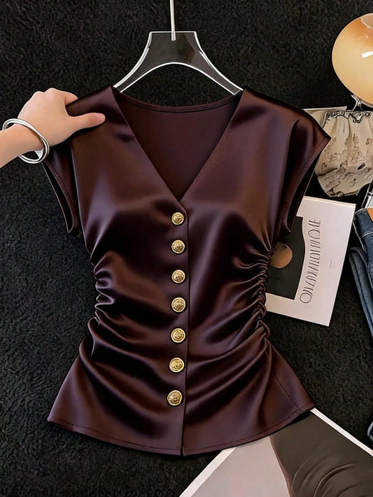 Franclia Women's Elegant And Romantic French Style Half Sleeve V-Neck Button Ruched Waist Blouse, Vacation Wear, Casual, Spring/Summer