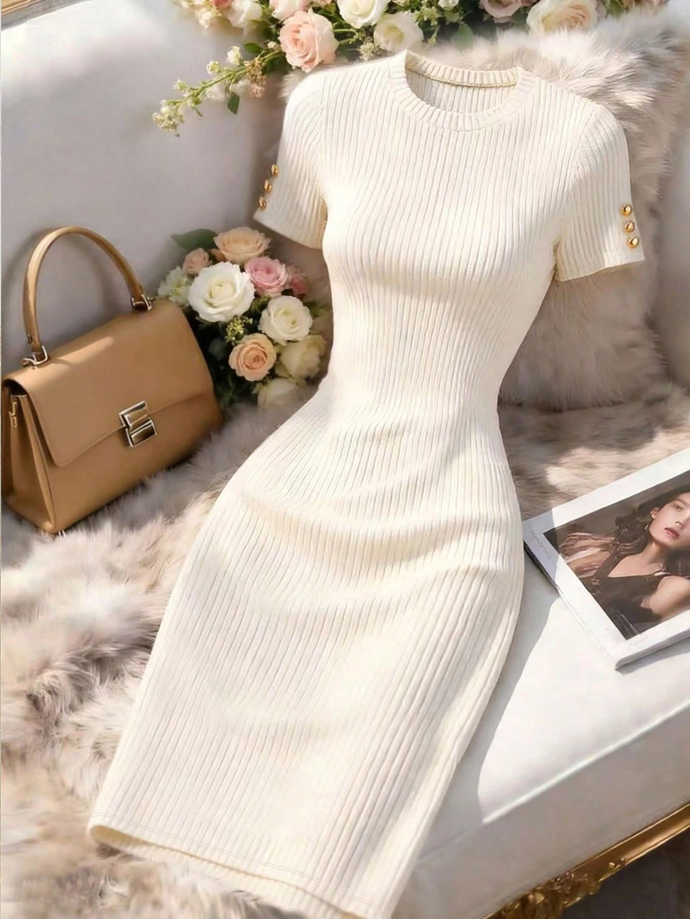Franclia Women's Elegant Contrast Color Ribbed Knit Short Sleeve Metal Button Decor Waist Cinched Dress, Summer