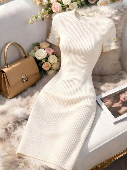 Franclia Women's Elegant Contrast Color Ribbed Knit Short Sleeve Metal Button Decor Waist Cinched Dress, Summer