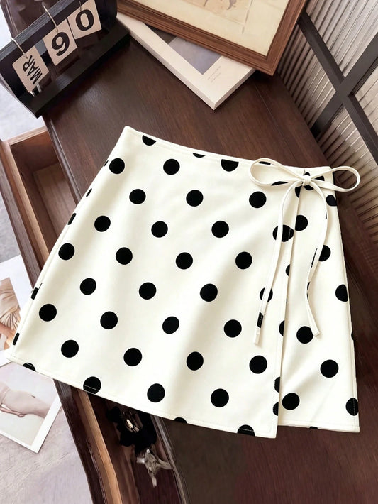 Franclia Women's Fashion Polka Dot Design Front Bow Tie Design Sense Commute Versatile Daily Simple Loose Casual Office Wear Skirt
