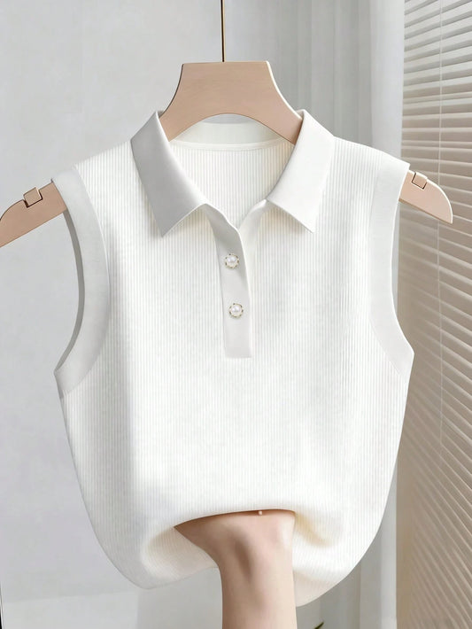 Franclia Women's Fashionable Elegant Polo Collar Casual Ribbed Tank Top